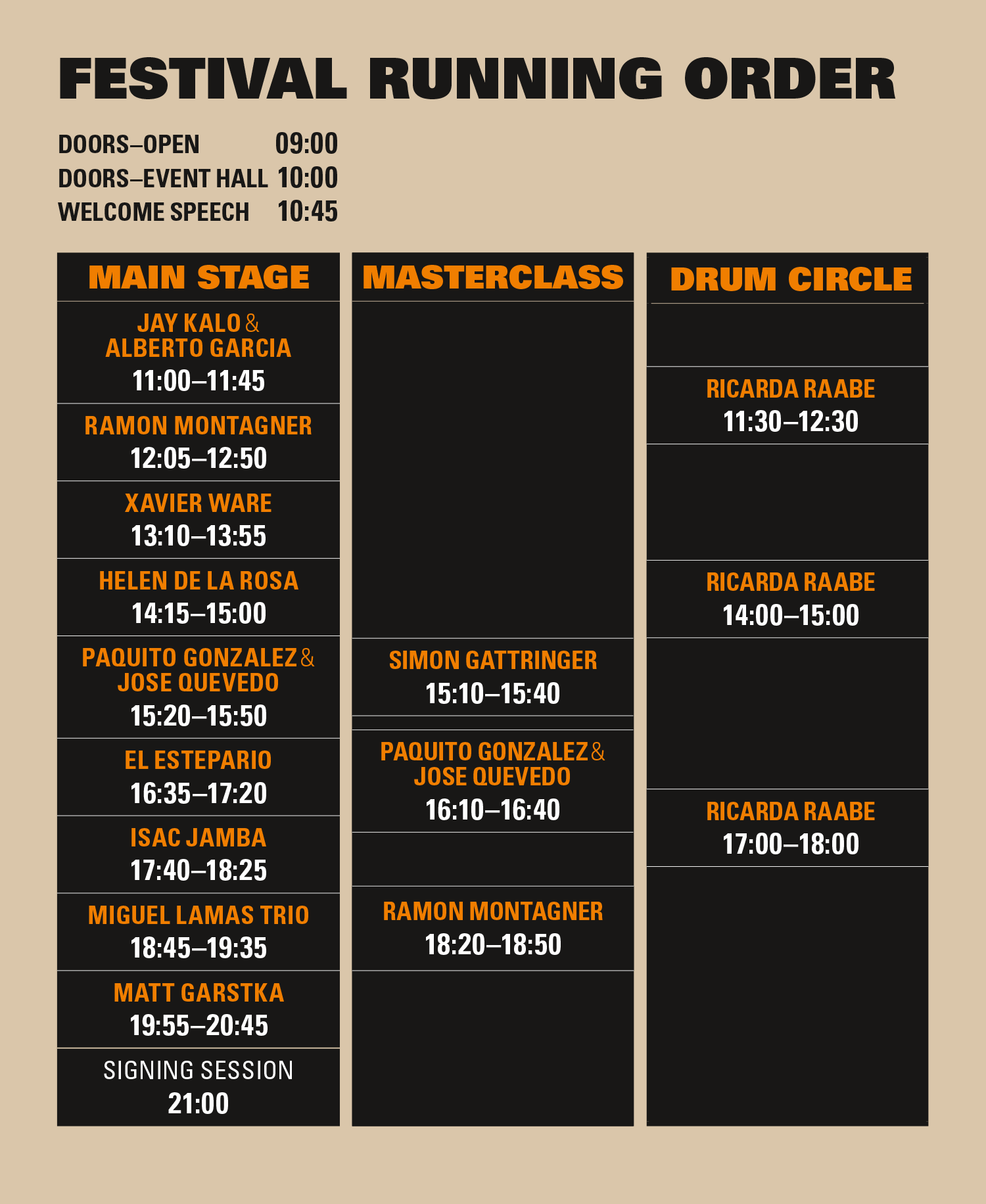 running order meinl drum festival
