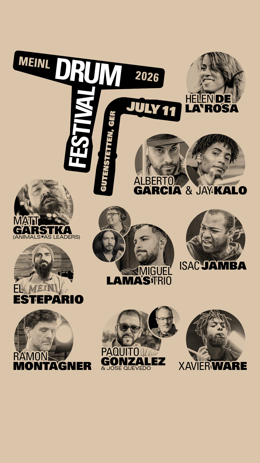 Meinl Drum Festival 2026 poster featuring sepia-toned portraits of drummers Matt Garstka, Helen de la Rosa, El Estepario, Ramon Montagner, Alberto Garcia, Jay Kalo, Miguel Lamas Trio, Isac Jamba, Paquito Gonzalez & Jose Quevedo, and Xavier Ware with their names.