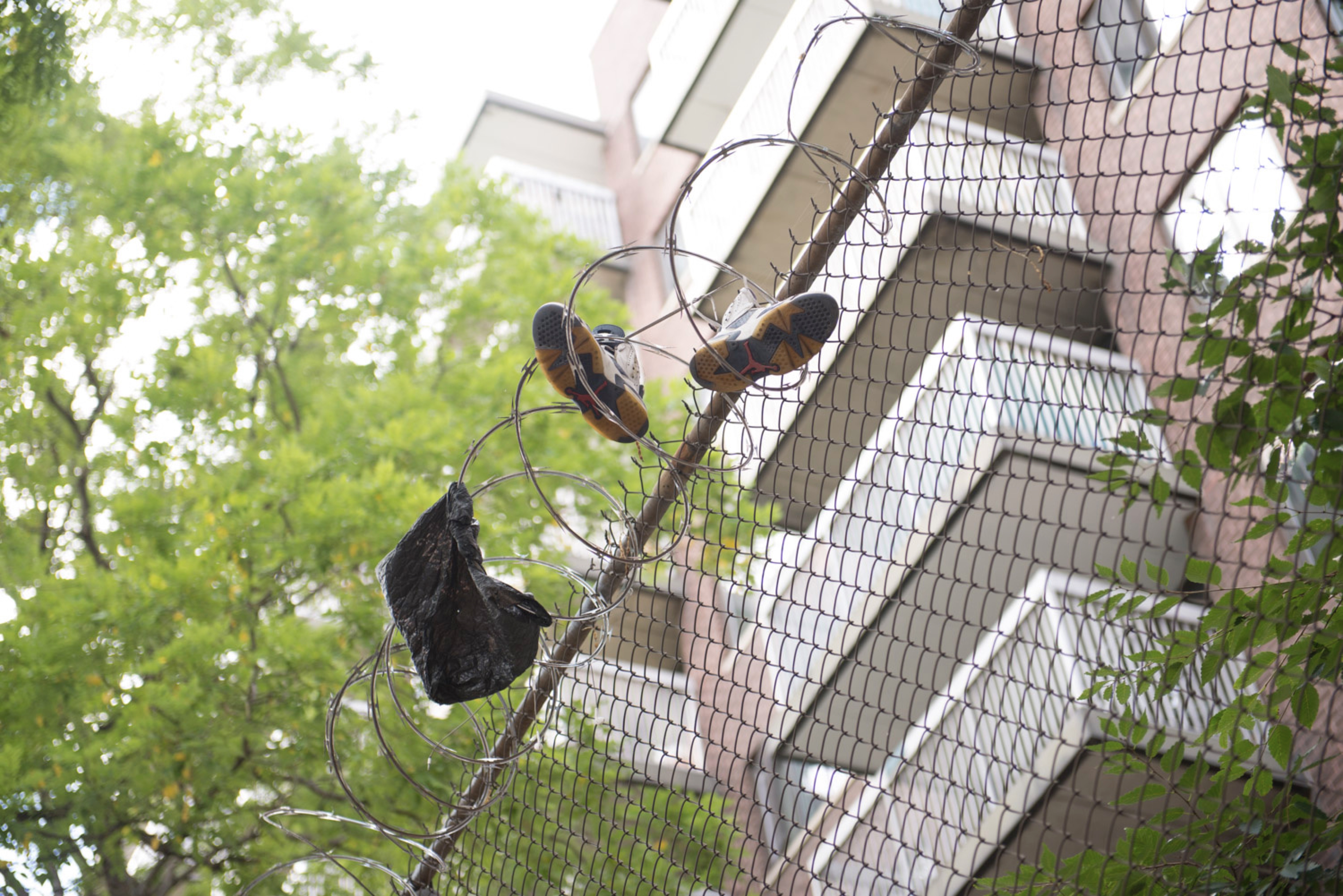 A pair of Jordans are caught on a barbed wire, an apartment block in the background.