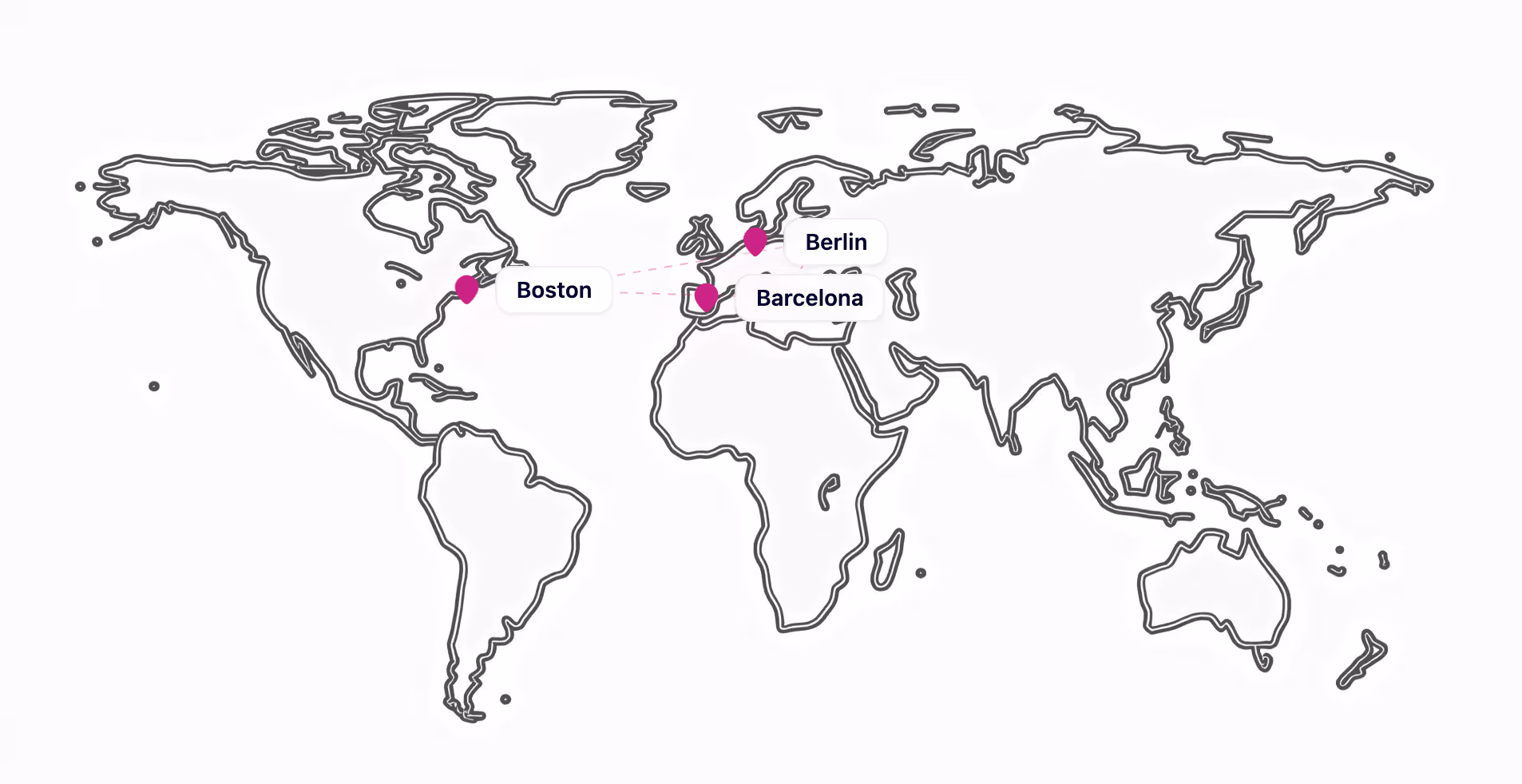 World map outline with pink location markers on Boston, Barcelona, and Berlin connected by dotted lines.