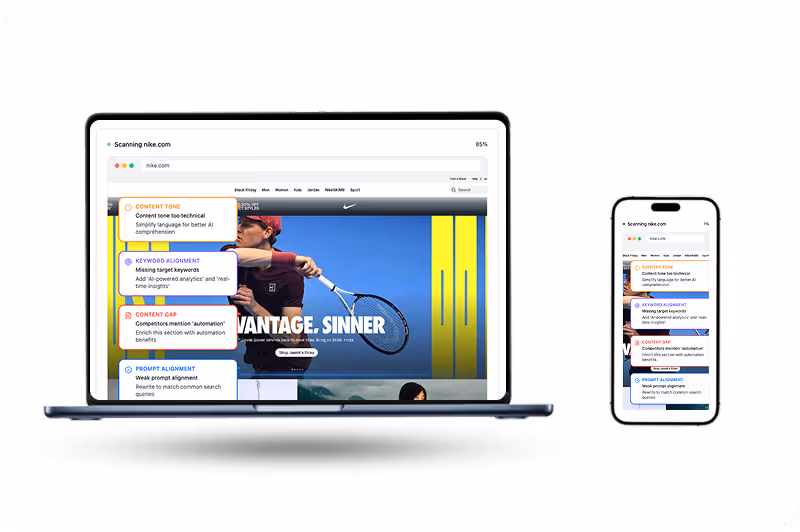 Laptop and smartphone displaying a website optimizer analyzing nike.com, showing content tone, keyword alignment, content gap, and prompt alignment suggestions.