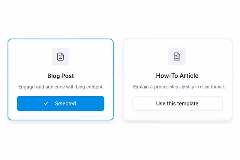 Two white selection cards: the left card is selected and labeled Blog Post with a description, the right card labeled How-To Article with a button to use the template.