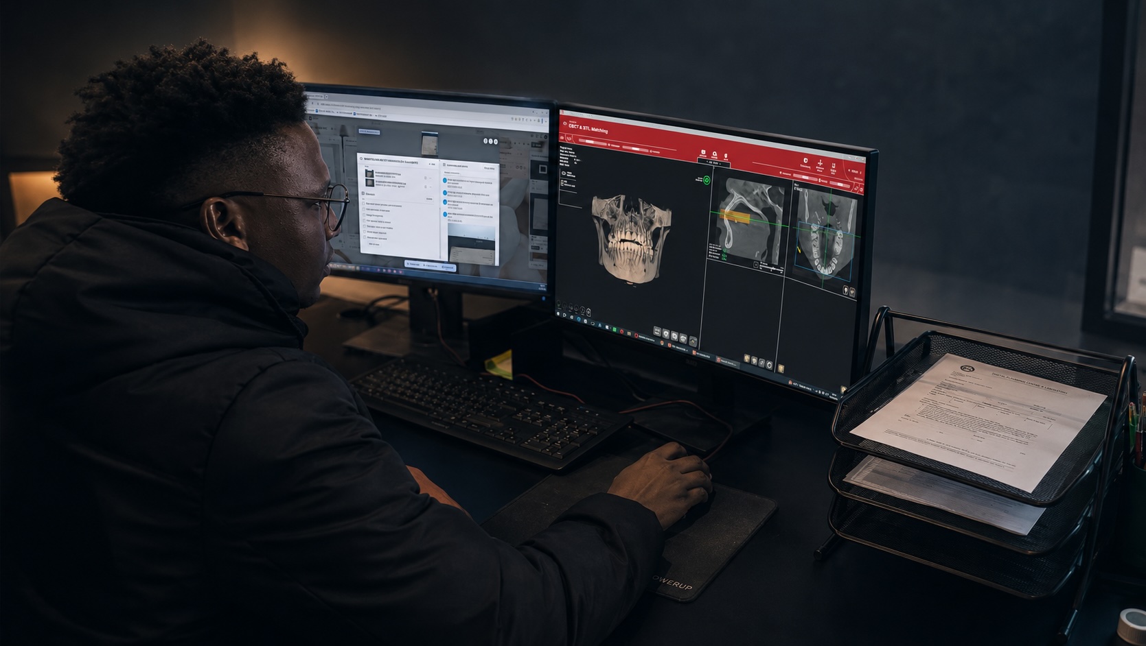 Dento Design Lab DDI Man in glasses analyzing dental X-ray images on dual computer monitors in a dark office.