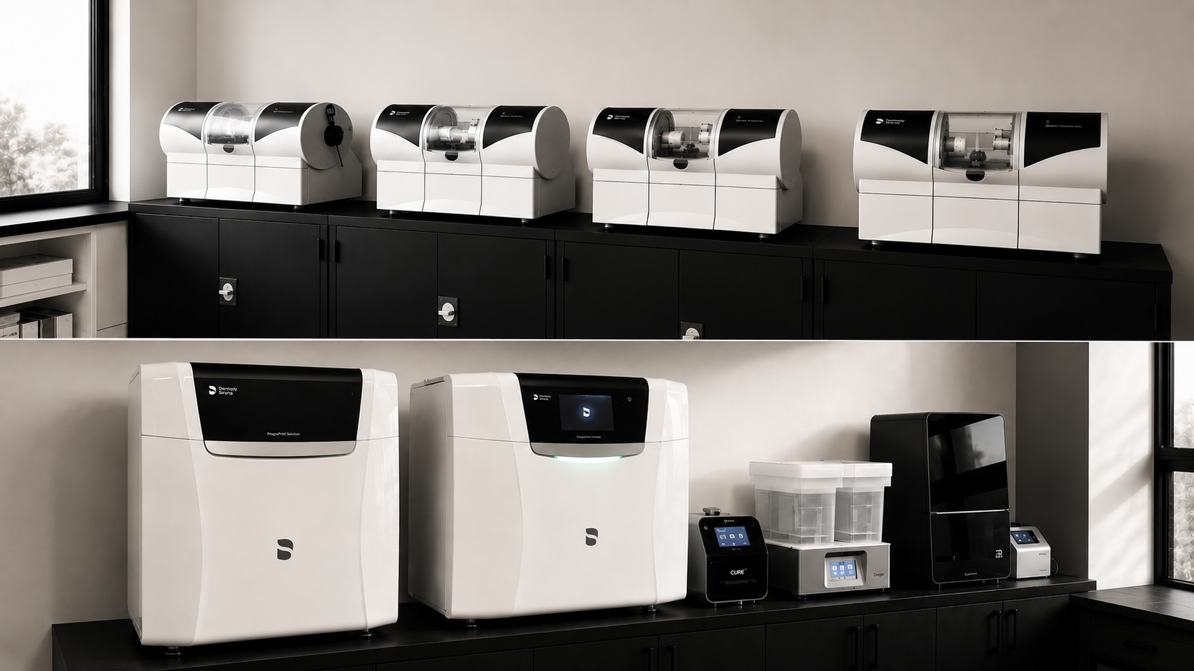 Dento Design Lab DDI Various white and black dental lab machines on black cabinets in a bright room with large windows.