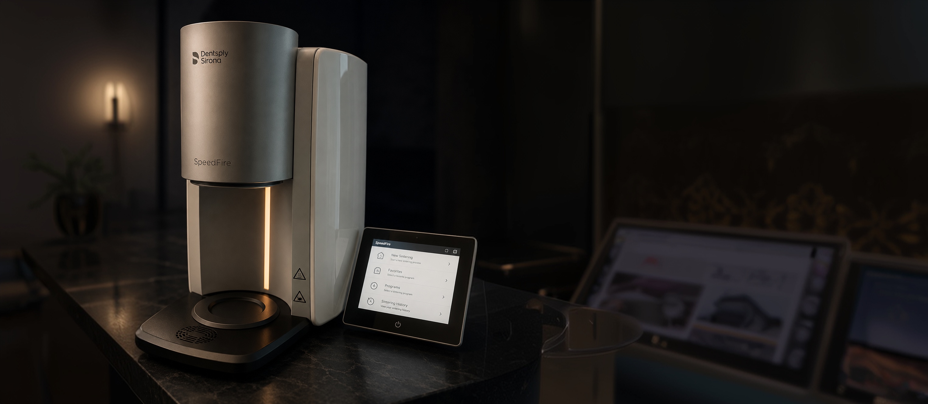 Dento Design Lab DDI Dentsply Sirona SpeedFire dental device with touchscreen on dark marble countertop.
