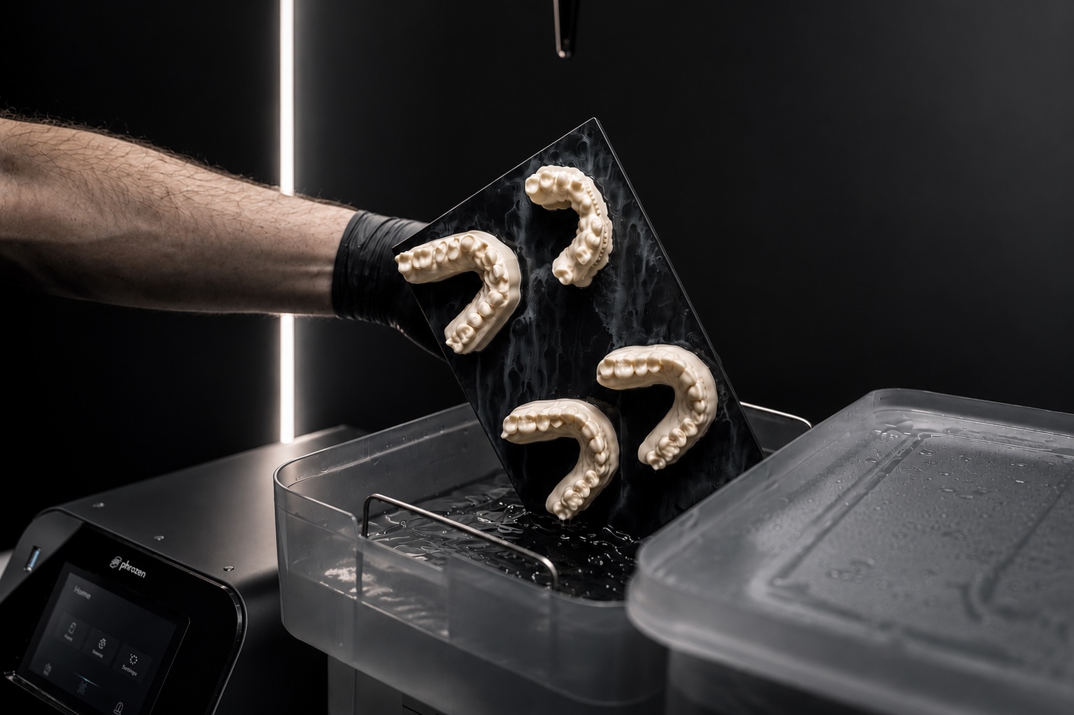 Dento Design Lab DDI Arm in black glove placing dental 3D printed models into a Phrozen wash and cure machine.