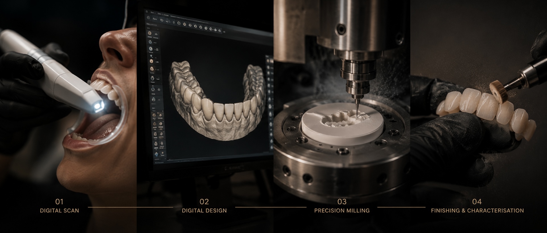 Dento Design Lab DDI Dental digital workflow: scanning teeth, digital design on computer, milling, and finishing dental prosthetics.