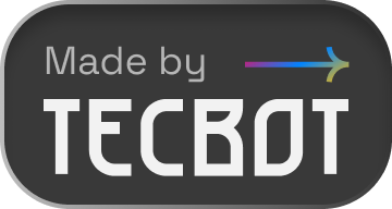 Black rounded rectangle with text 'Made by TECBOT' and a colorful arrow above TECBOT.