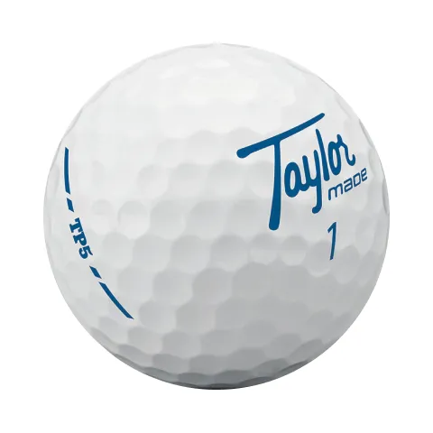 White TaylorMade TP5 golf ball with blue logo and markings on a white background.