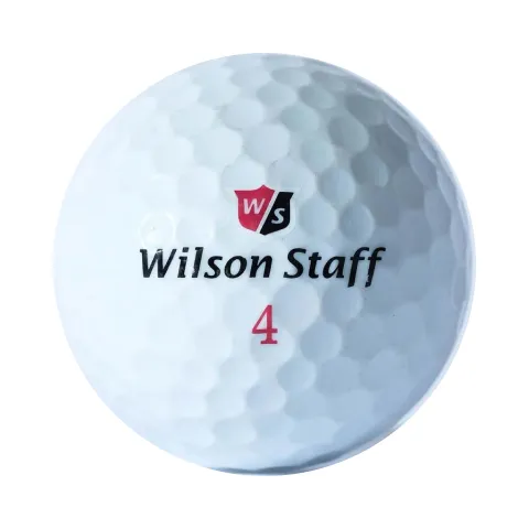 White Wilson Staff golf ball with dimpled surface and number 4 printed on it.