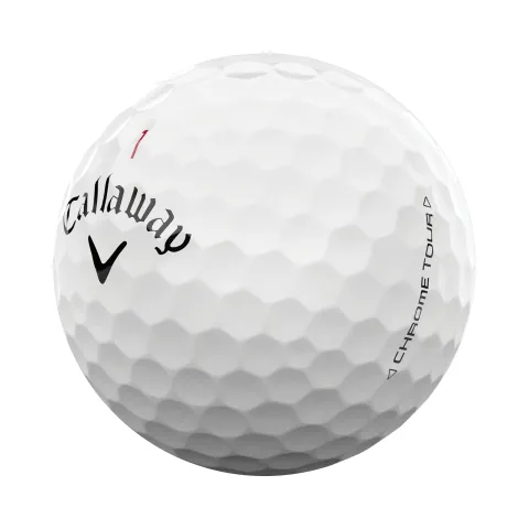 Callaway Chrome Tour golf ball with dimples on a white background.