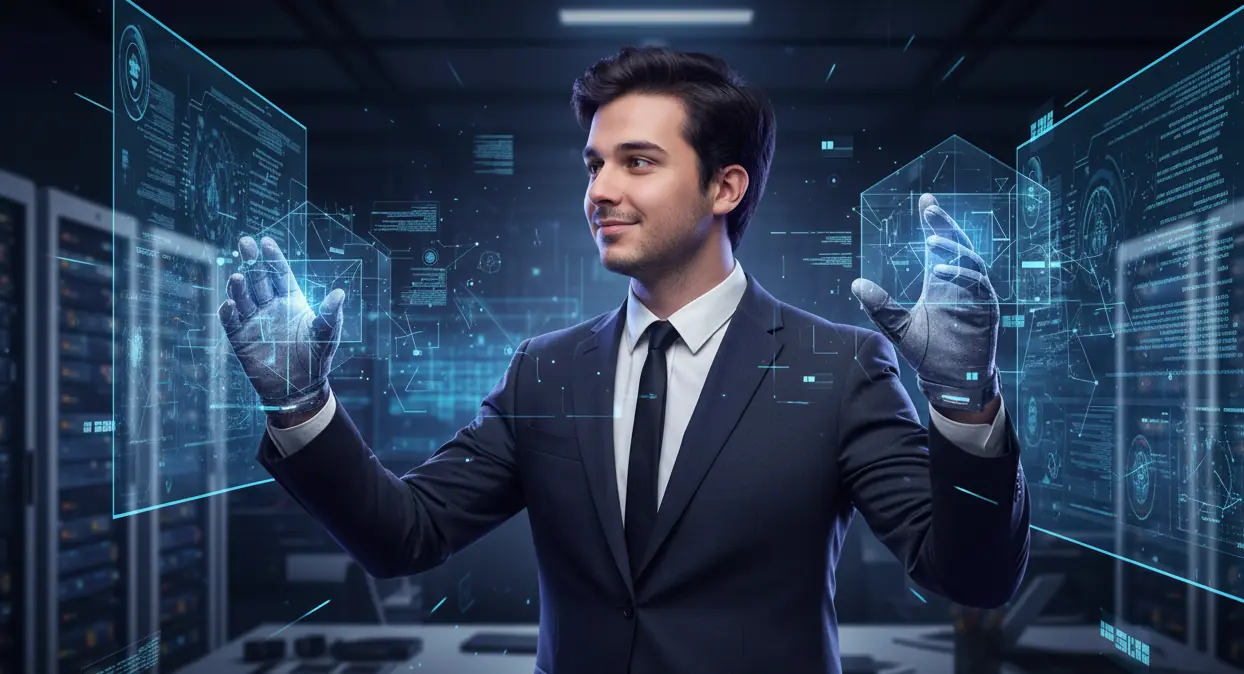 Hombre con traje construyendo sistemas digitales con las manos