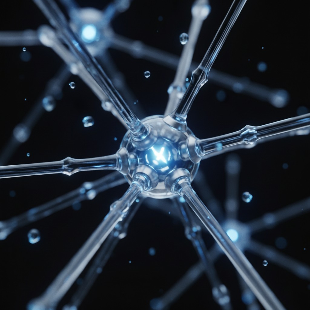 Close-up of a futuristic transparent spherical structure with multiple elongated arms radiating from the center against a dark background.