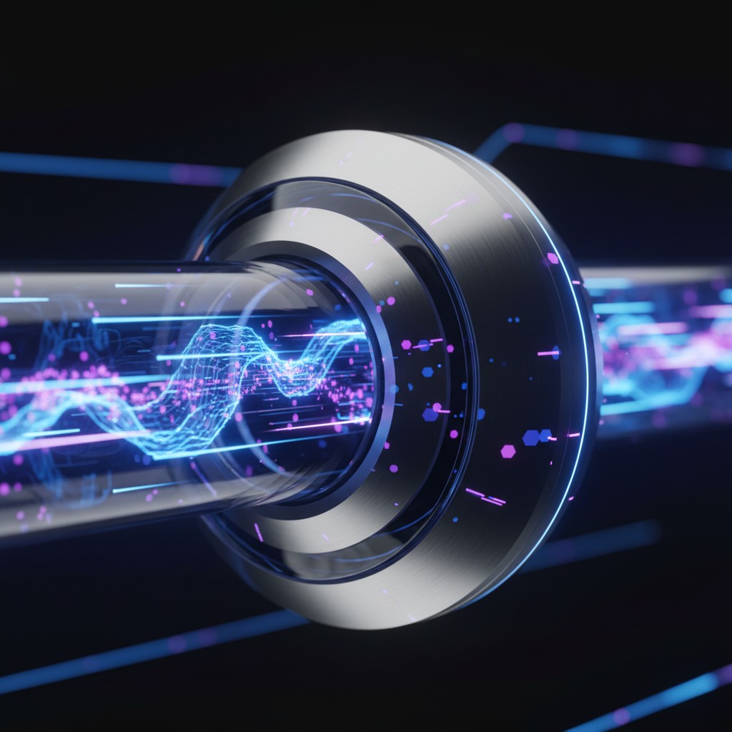 Close-up of a futuristic glowing digital wave or data stream inside a metallic cylindrical tube.