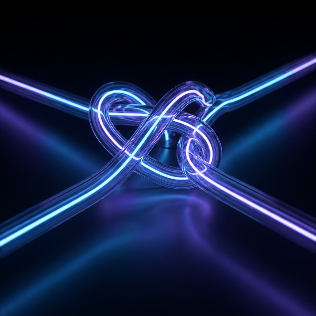 Glowing blue and purple neon tubes tied in a knot on a dark reflective surface.