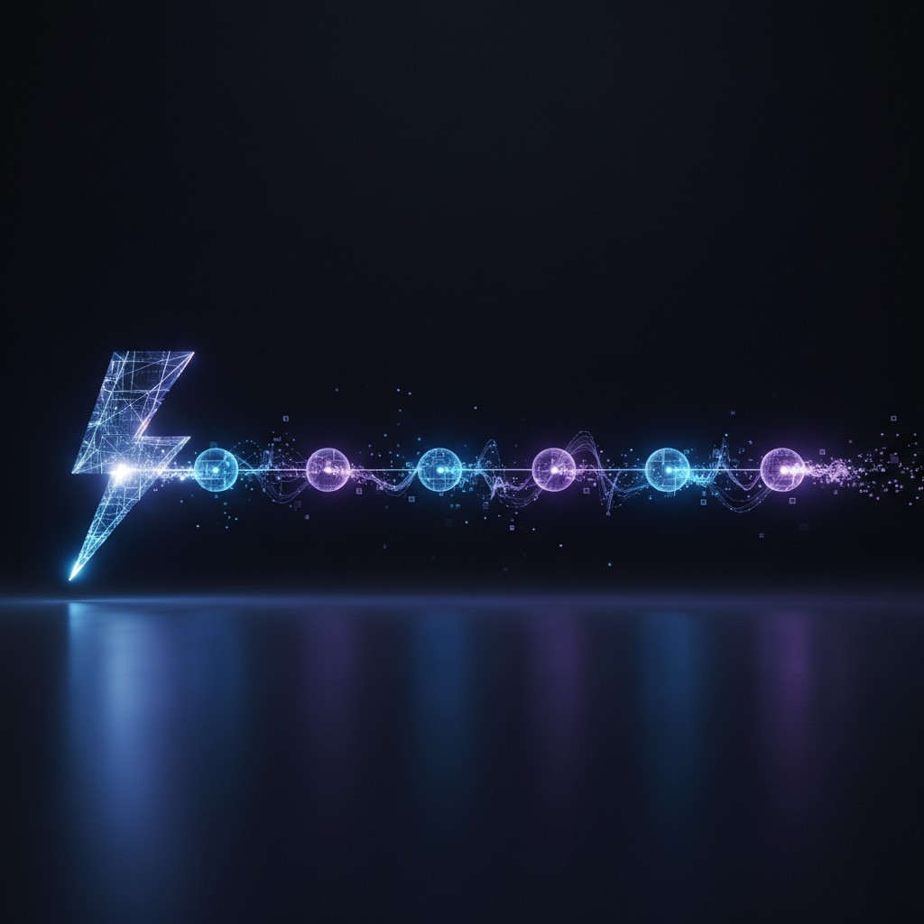 Glowing digital lightning bolt connected to alternating blue and purple spheres with a wave pattern on a dark background.