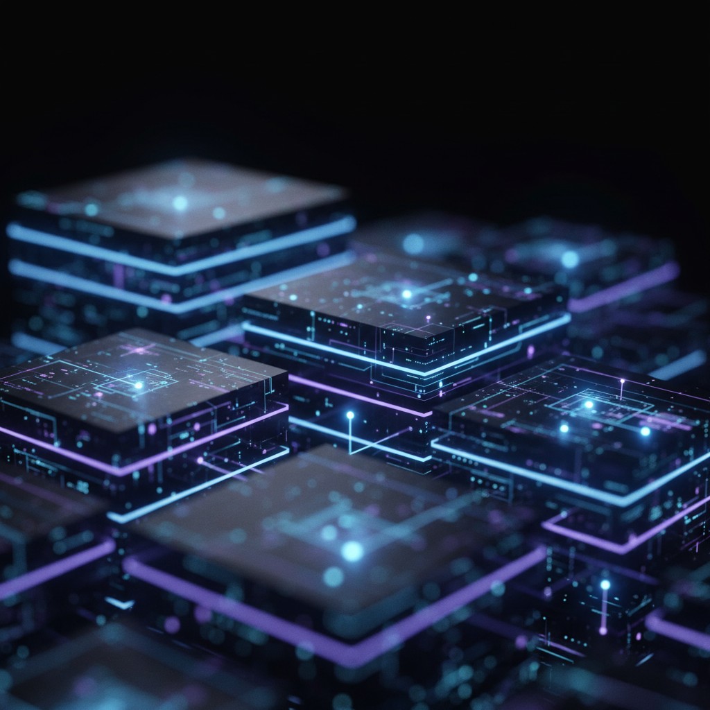Close-up view of futuristic, glowing digital circuit boards stacked in a dark environment.