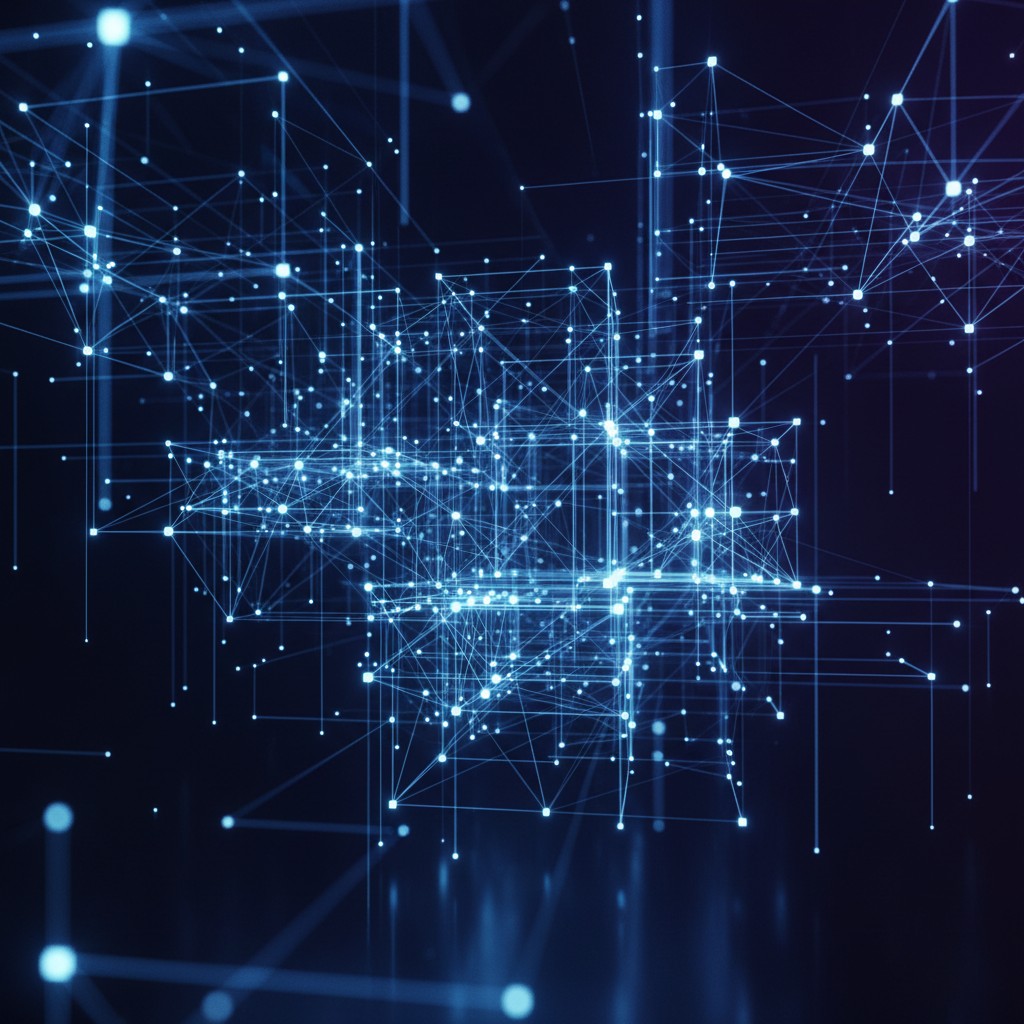 Glowing blue network of interconnected points and lines on a dark background representing data connectivity.