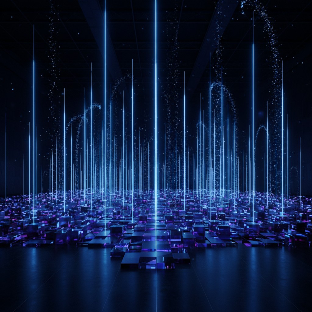 Futuristic digital landscape with glowing blue vertical beams rising from a grid of reflective cubes.