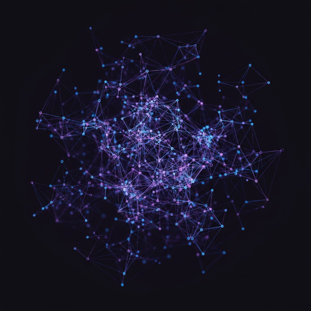 Abstract digital network of interconnected blue and purple nodes on a dark background.