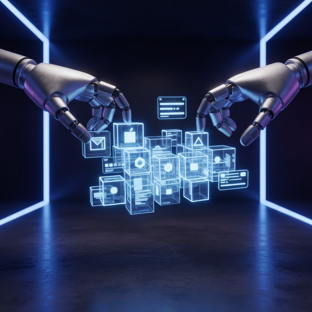 Two robotic hands interacting with glowing holographic data blocks and icons in a dark, futuristic room.