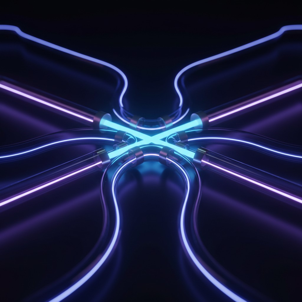 Futuristic glowing neon tubes arranged in a symmetrical pattern converging toward the center with blue and purple light.