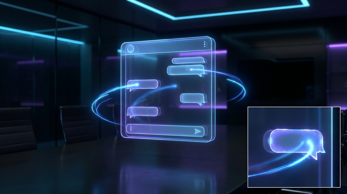 Holographic chat interface with glowing blue message bubbles floating above a conference table in a dark room.