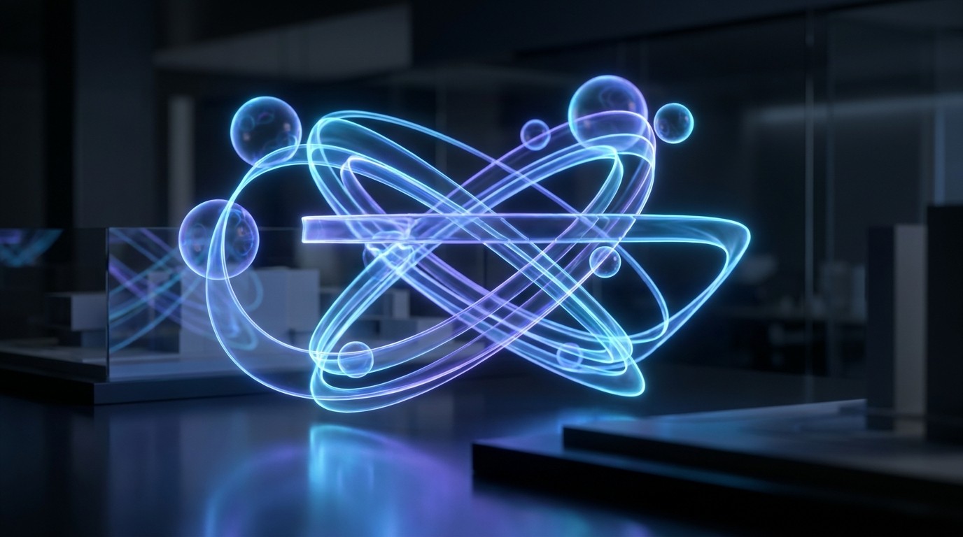3D glowing digital representation of an atom model with orbiting electrons inside a modern office space.