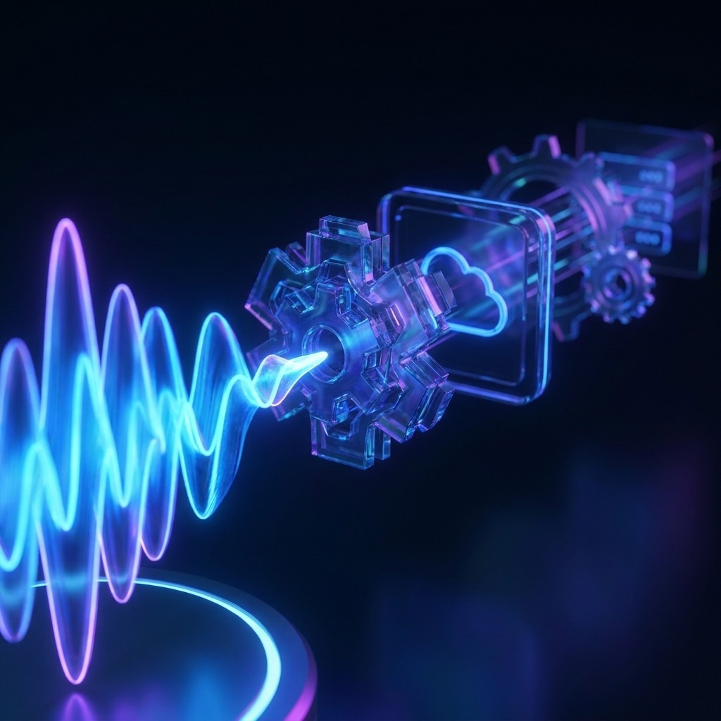 Glowing blue and purple waveform connecting transparent gears and a cloud icon on a dark background, symbolizing technology and cloud computing.