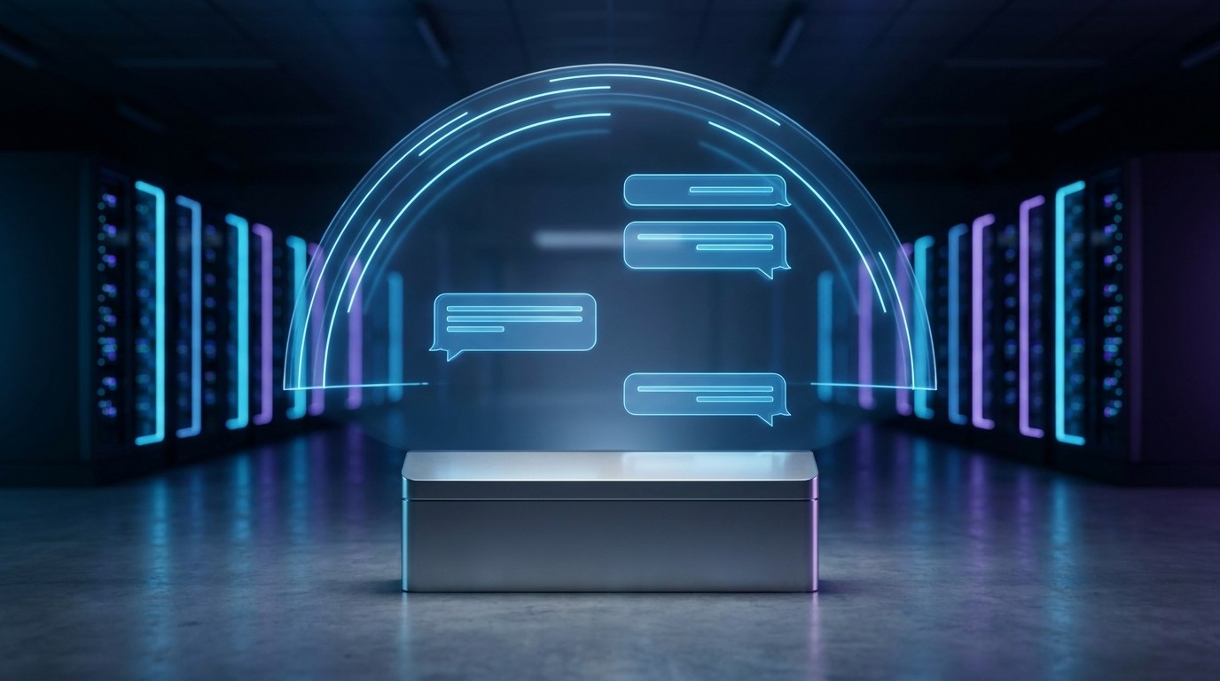 Futuristic server room with a glowing box projecting digital chat bubbles and data arcs.