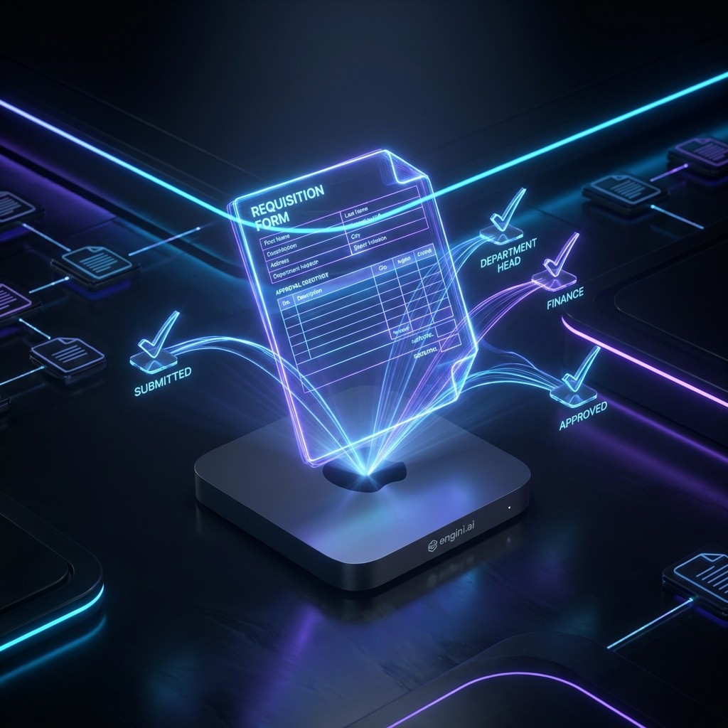 Holographic requisition form projected above a device labeled engini.ai, showing stages: submitted, department head, finance, and approved with check marks.