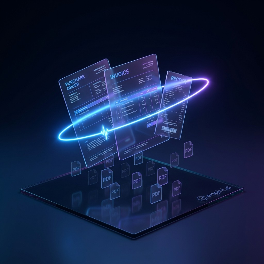 Digital holograms of purchase order, invoice, and receipt documents with floating PDF icons and a glowing orbit around them, over a dark surface with enginia.ai logo.