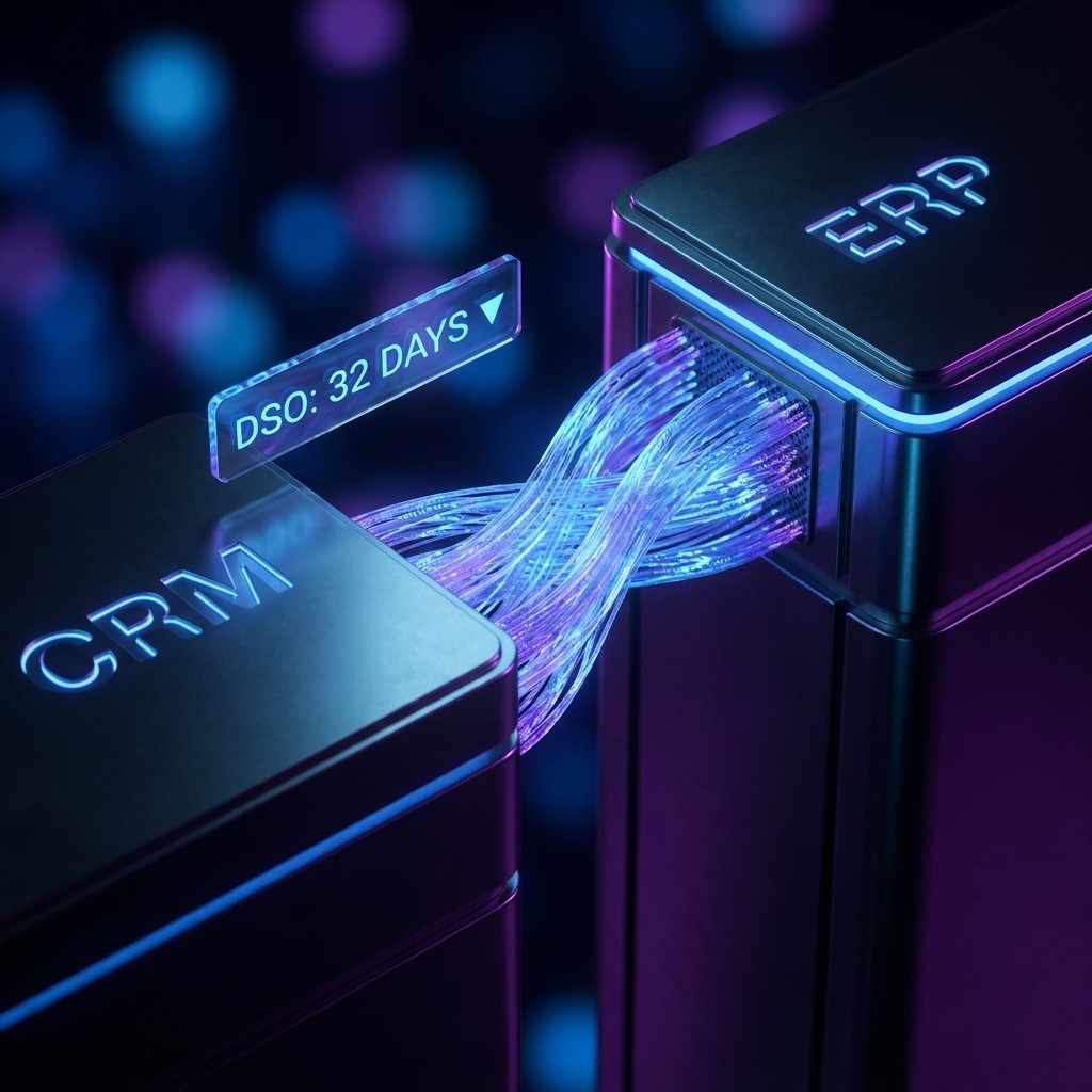 Network connection made of glowing fiber optic cables linking two black devices labeled CRM and ERP with a floating sign showing DSO: 32 days.