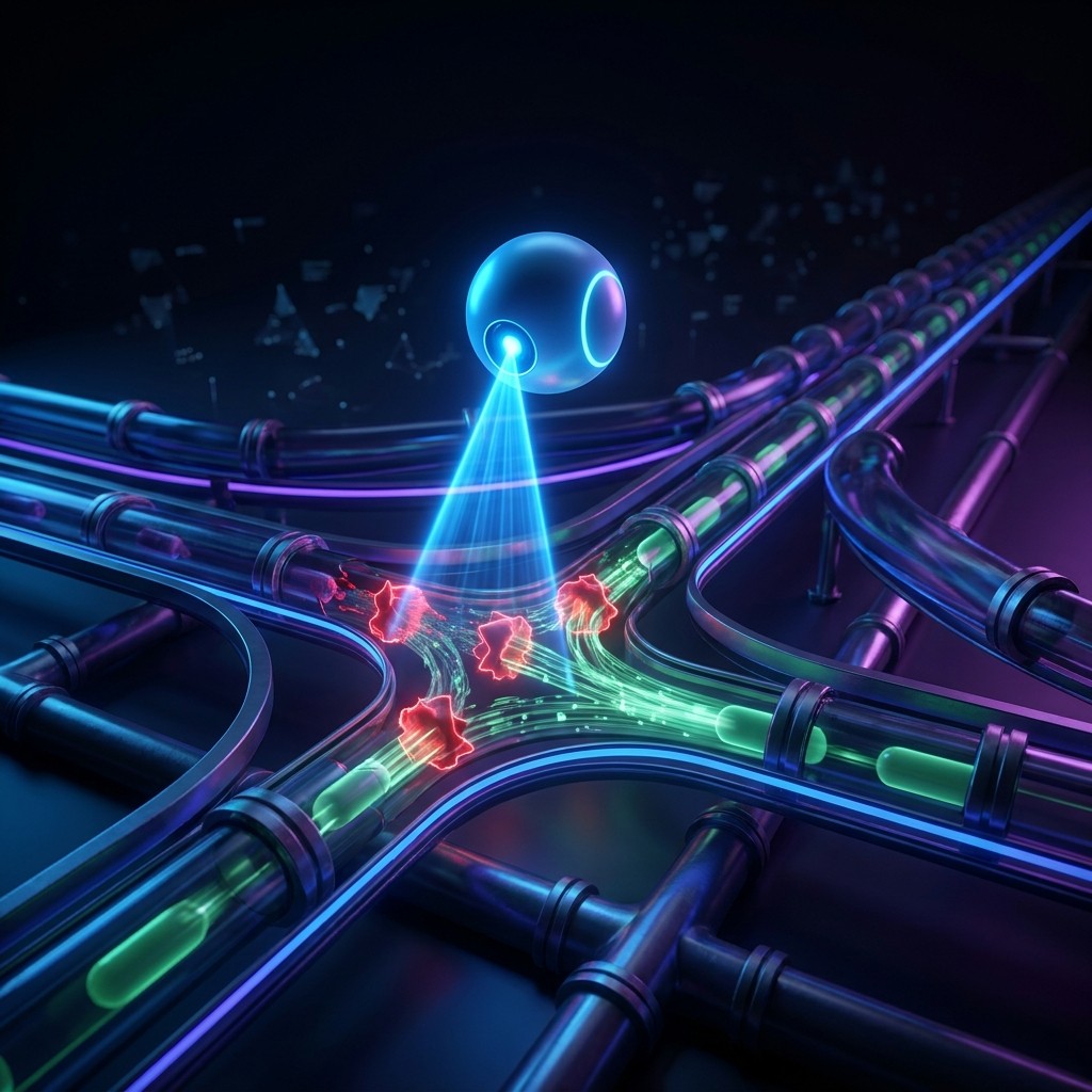 Futuristic glowing blue sphere scanning a network of transparent tubes carrying green capsules intersected by red glowing obstructions.