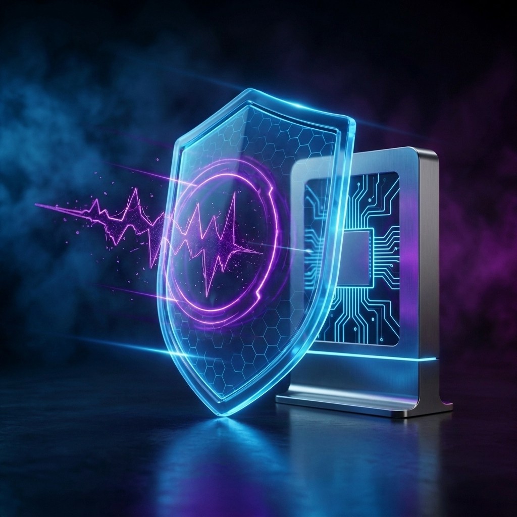 Futuristic digital shield with a heart rate waveform protecting a microchip, symbolizing cybersecurity and data protection.