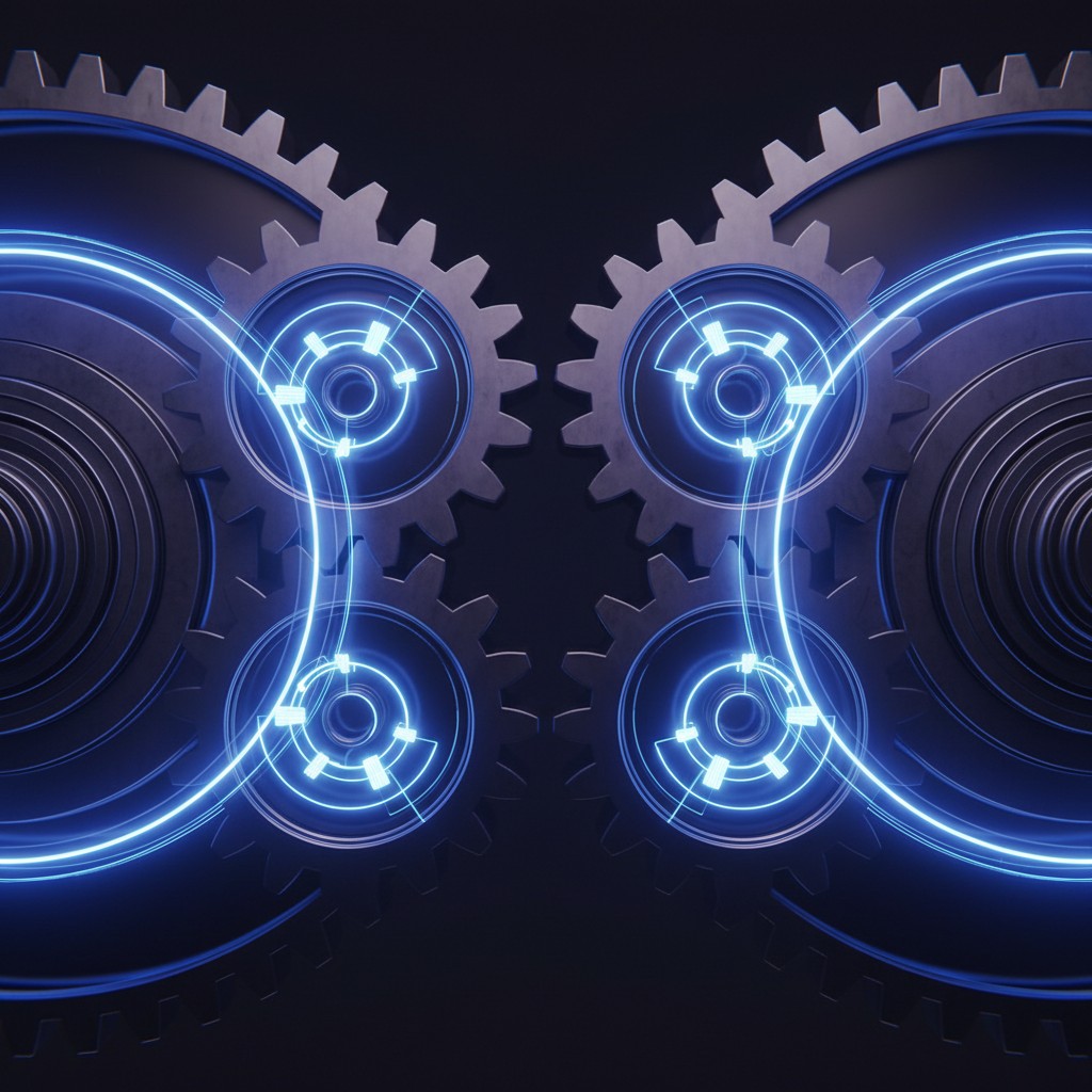 Two large interlocking metal gears with smaller gears and glowing blue light trails connecting them on a dark background.
