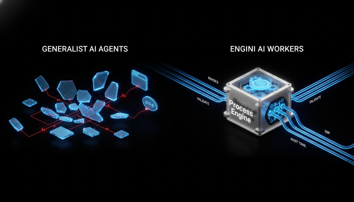 Comparison of Generalist AI Agents shown as scattered crystalline shapes connected by red lines, and Engini AI Workers represented by a compact process engine box with blue data streams labeled invoice, validate, audit trail, and ERP.