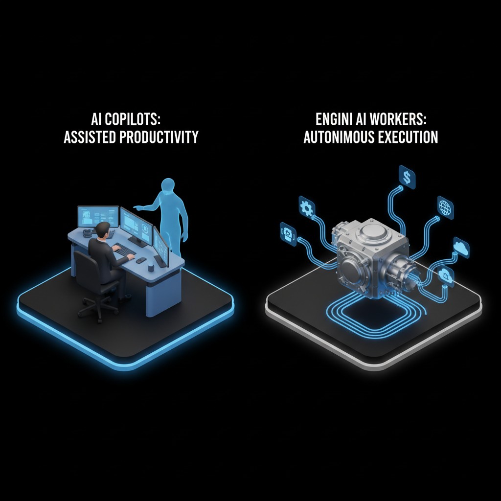 Illustration comparing AI Copilots assisting a person at a computer with Engini AI Workers autonomously executing tasks represented by a mechanical device connected to digital icons.