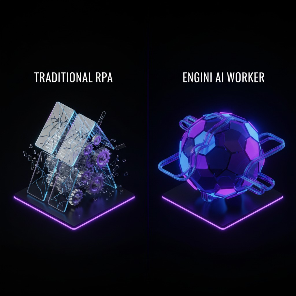 Side-by-side comparison of cracked glass panels with gears labeled Traditional RPA and a smooth, glowing geometric sphere with curved lines labeled Engini AI Worker.