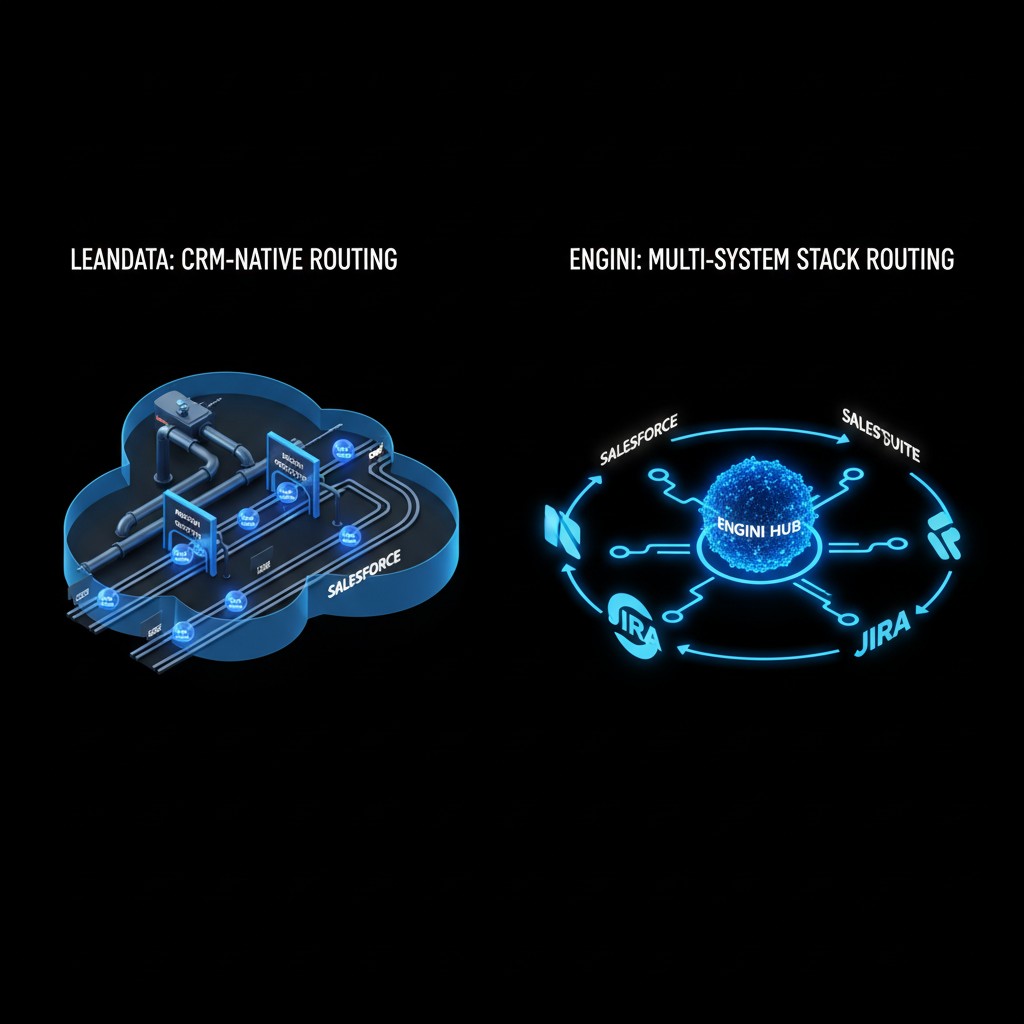 Comparison of LeanData CRM-native routing with Engini multi-system stack routing, showing LeanData as a sequential pipeline and Engini as a hub connecting Salesforce, Sales Suite, and Jira.