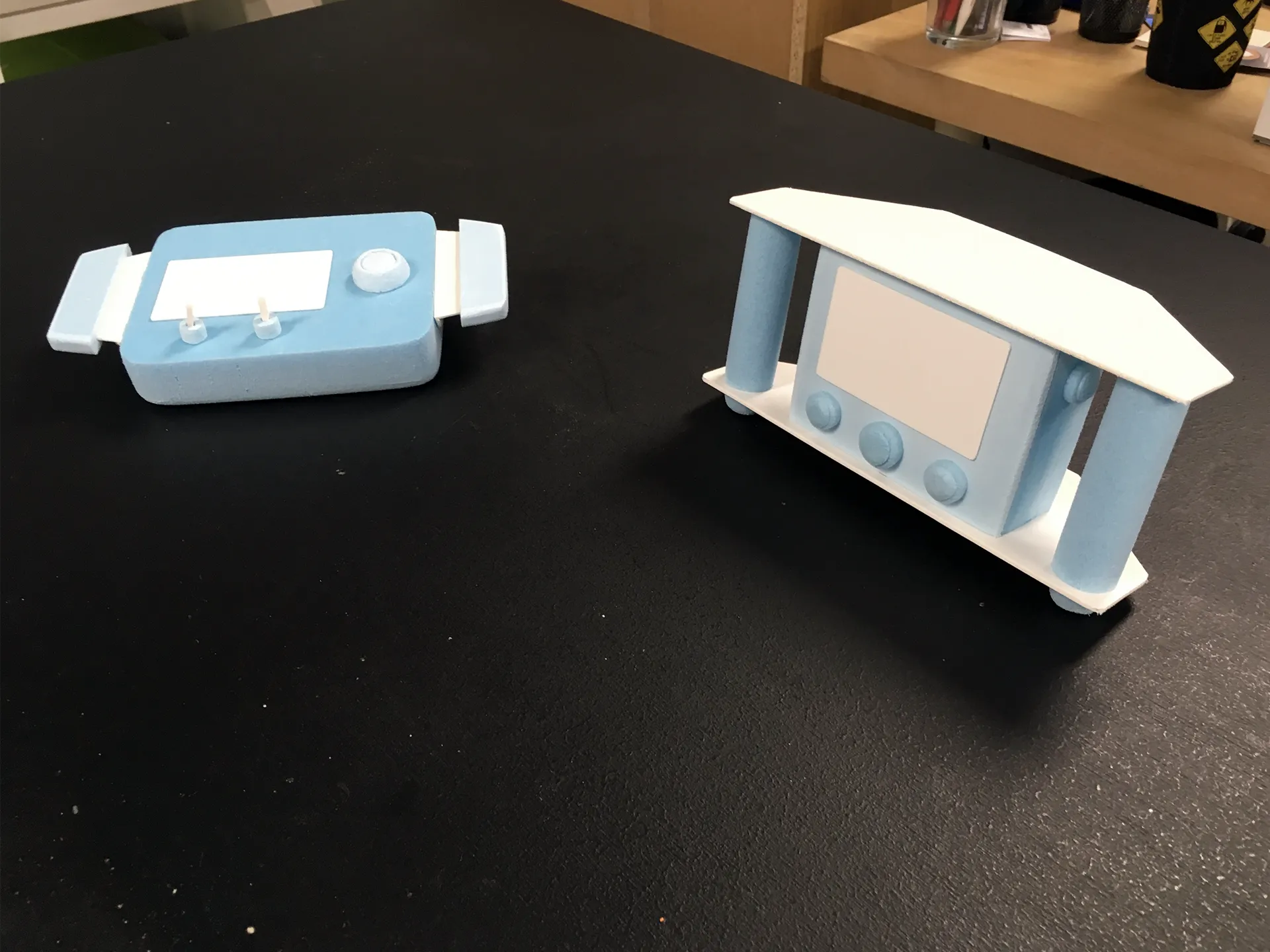 Blue foam models of the more developed concepts.
