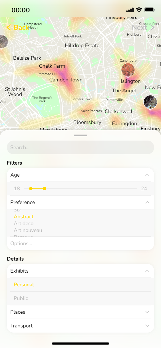Map and filtering options for narrowing down location of new exhibit.