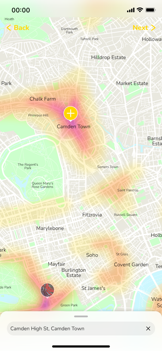 Updated map and heat map based on previous filters, with pin for exploring new exhibit location.