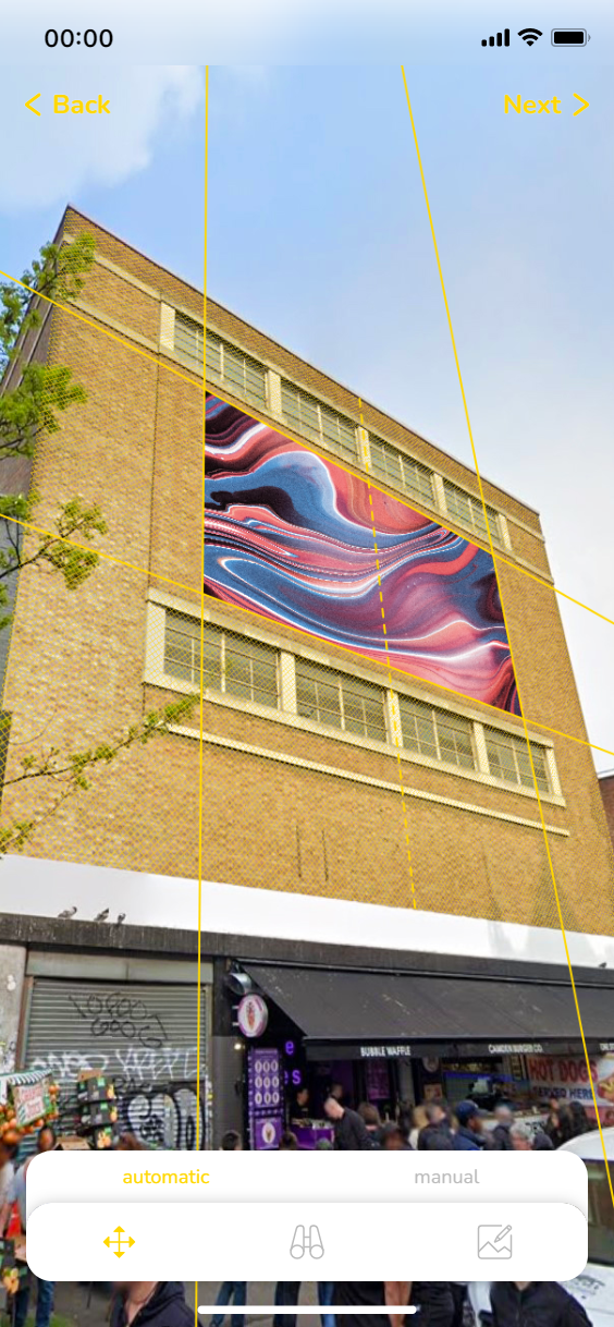 Artwork placing screen with visualisation, controls and guidance for ease of use.