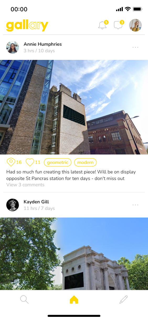 Main home screen showing a news feed of other creators' work.