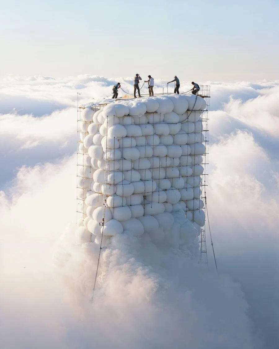 White cloud-like tower rising above the clouds with tiny figures on top — virtual production & CGI landscape by Ulises, Detroit AI Production Hou