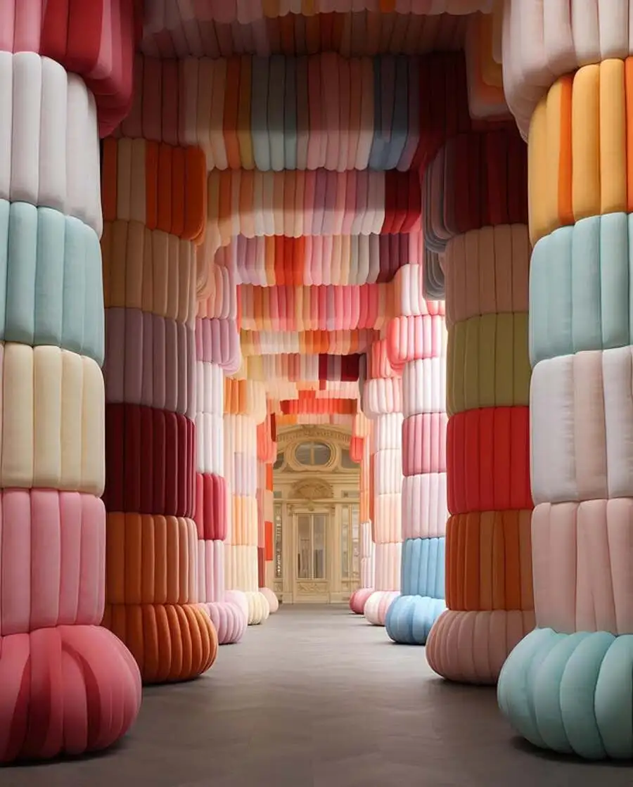 Pastel pillow-shaped archway corridor in pink, blue and orange tones — 3D architecture visualization by Ulises, Detroit AI Production House