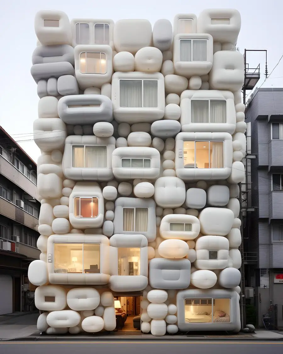 White building facade built from soft rounded cushion-like blocks — AI CGI architecture visualization by Ulises, Detroit AI Production House
