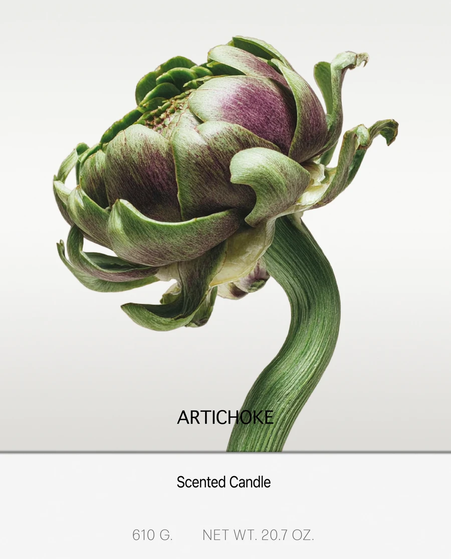 Artichoke-shaped scented candle product on white background — AI product advertising photography by SQUAD, Detroit AI Production House