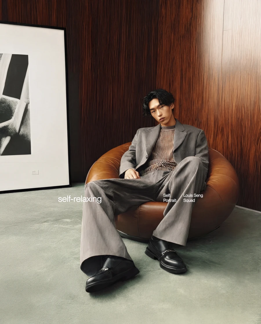 Man in grey suit seated in wood-paneled room beside framed artwork — AI advertising photography by SQUAD, Detroit AI Production House